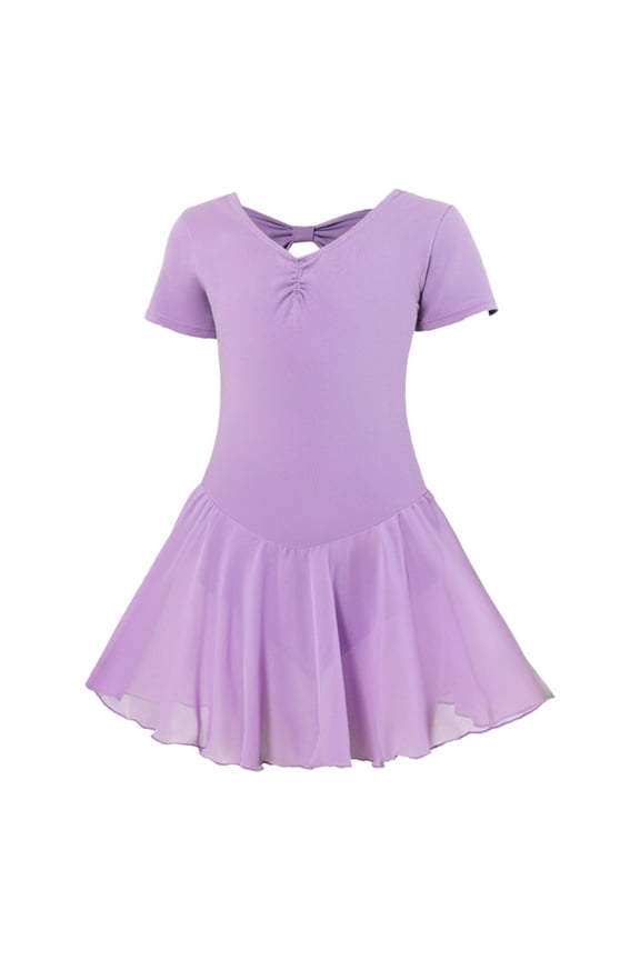 Girls Dress Ballet Dance Short Sleeve Solid Translucent Slim Leotards Dress Girls' Dresses Purple 12-16Years