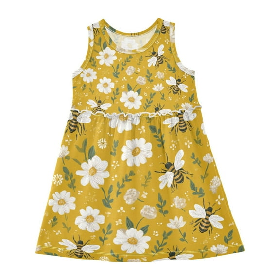 Girls Dress Bee White Flowers Sleeveless Dress for Girls Hem A-Line Casual Sundress