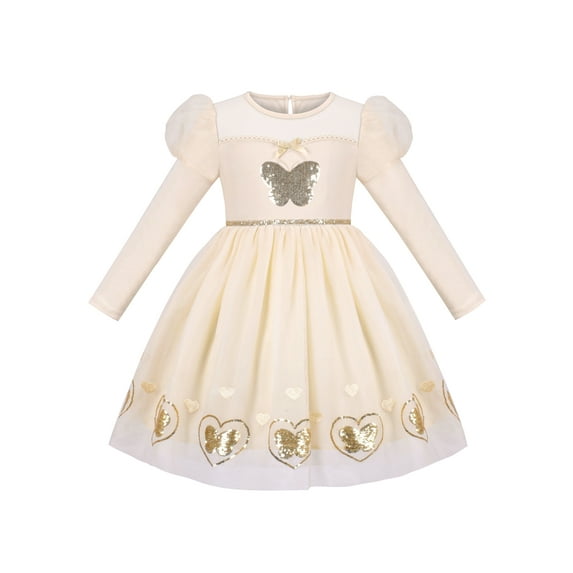 Girls Dress Beige Cream Sequin Heart Butterfly Tulle Skirt Long Sleeve 4 Years