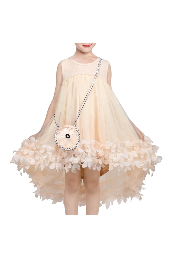 Girls Dress Beige Floral Handbag Sleeveless Princess Cool Sundress Lovely 10 Years