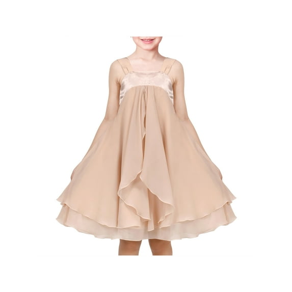 Girls Dress Beige Ruffle Halter Party Layer Chiffon Summer Sleeveless 12 Years