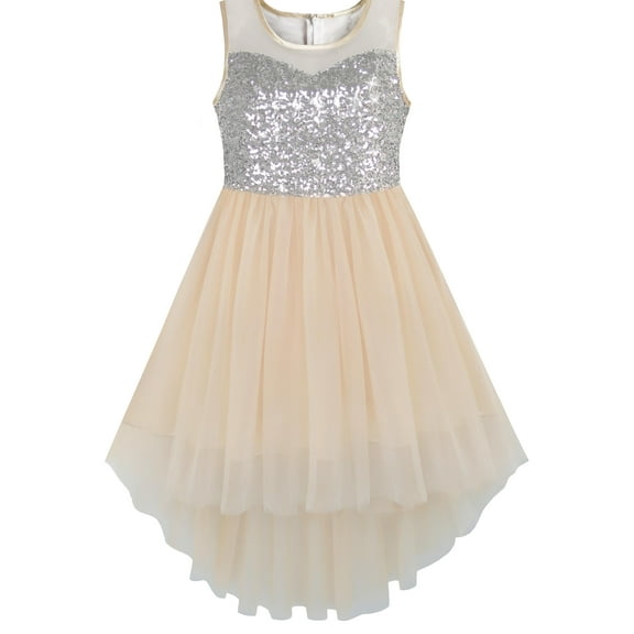 Girls Dress Beige Sequined Tulle Hi-lo Wedding Party Dress 10 Years