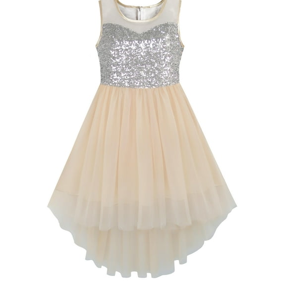 Girls Dress Beige Sequined Tulle Hi-lo Wedding Party Dress 14 Years
