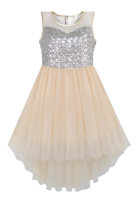 Girls Dress Beige Sequined Tulle Hi-lo Wedding Party Dress 4 Years