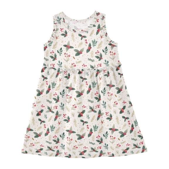 Girls Dress Berry Holly Leaves Sleeveless Dress for Girls Hem A-Line Casual Sundress