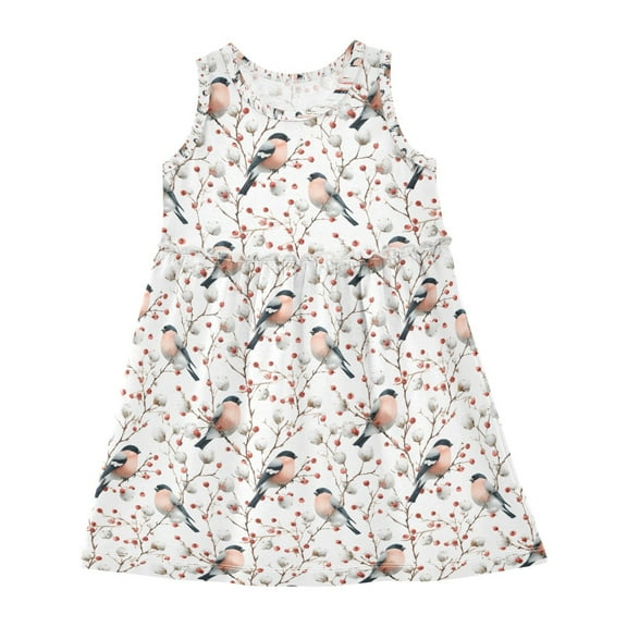 Girls Dress Bird Cotton Red Fruit Sleeveless Dress for Girls Hem A-Line Casual Sundress