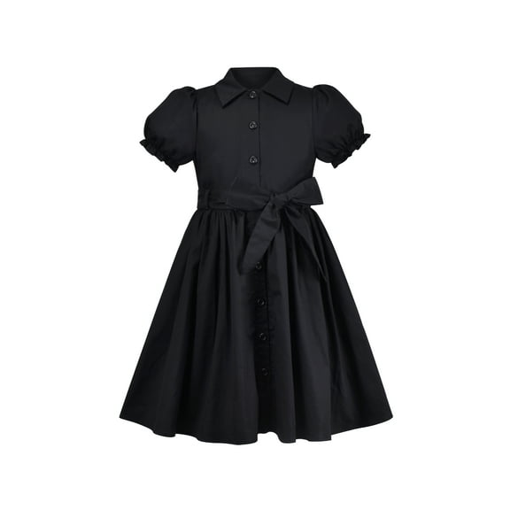 Girls Dress Black Bow Tie Belt School Uniform Front Button Short Sleeves 5 Years