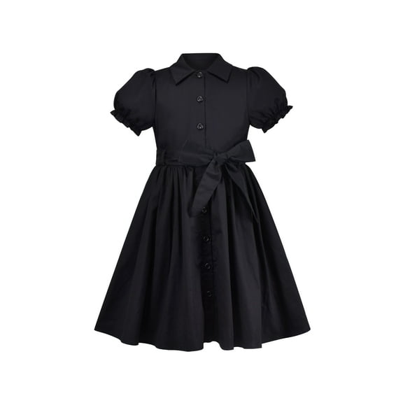Girls Dress Black Bow Tie Belt School Uniform Front Button Short Sleeves 6 Years