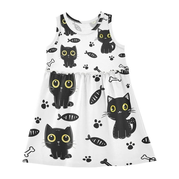 Girls Dress Black Cat Footprint Sleeveless Dress for Girls Hem A-Line Casual Sundress