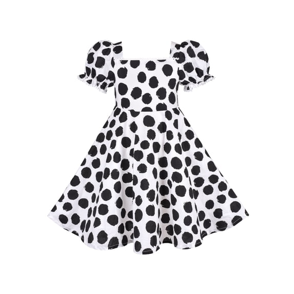 Girls Dress Black Dot Square Collar Lace Trim Puffy Skirt Bud Short Sleeve 4 Years
