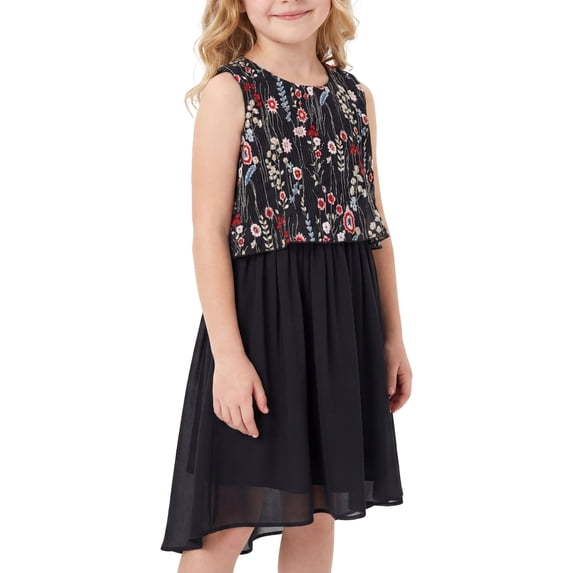 Girls Dress Black Floral Faux Layered Sleeveless Casual High Low Chiffon Vacation 12 Years