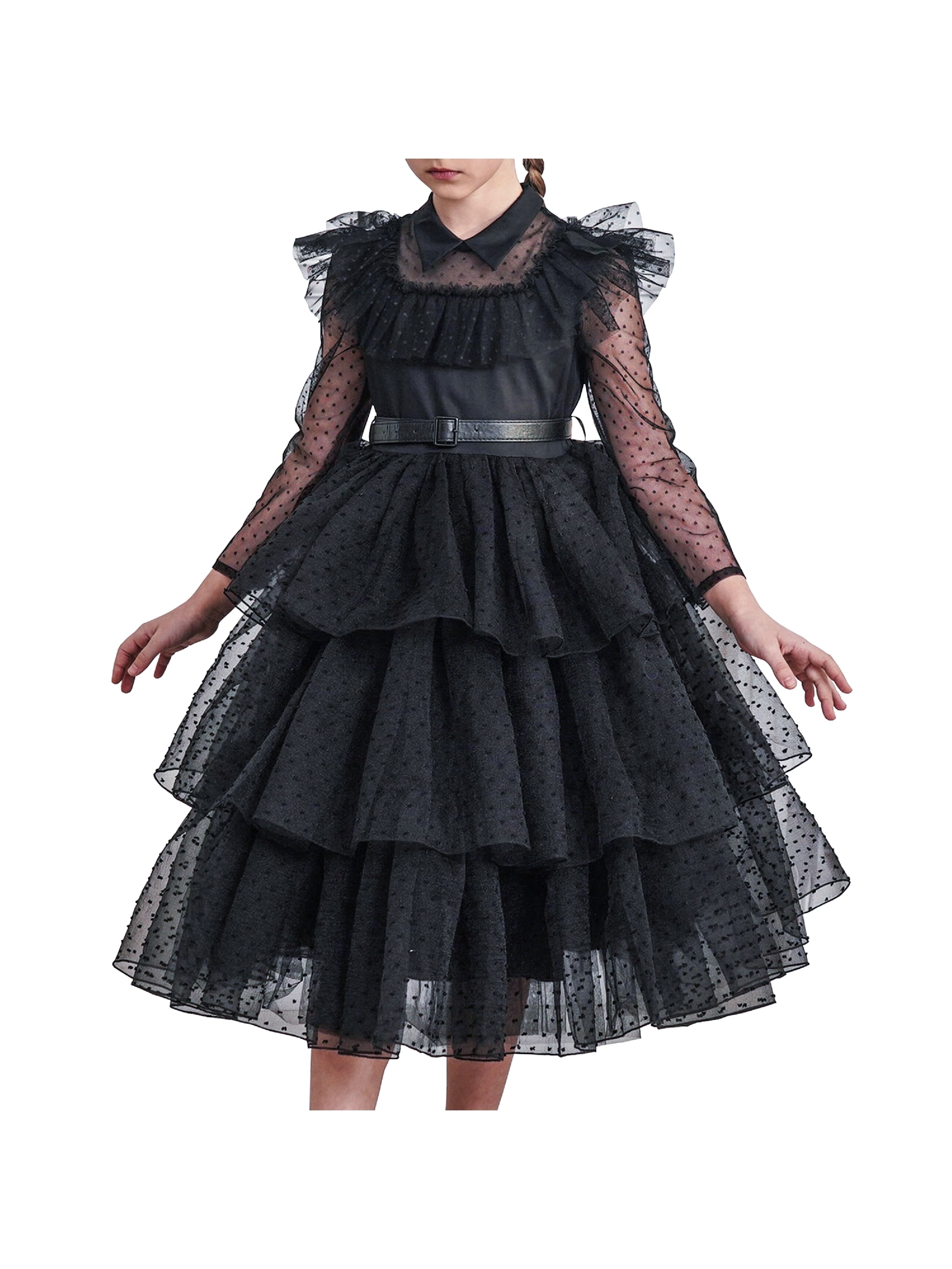 Sunny Fashion Girls Dress Black Lace Long Sleeve Organza Ruffle Polka Belt 8 Years, Girl's