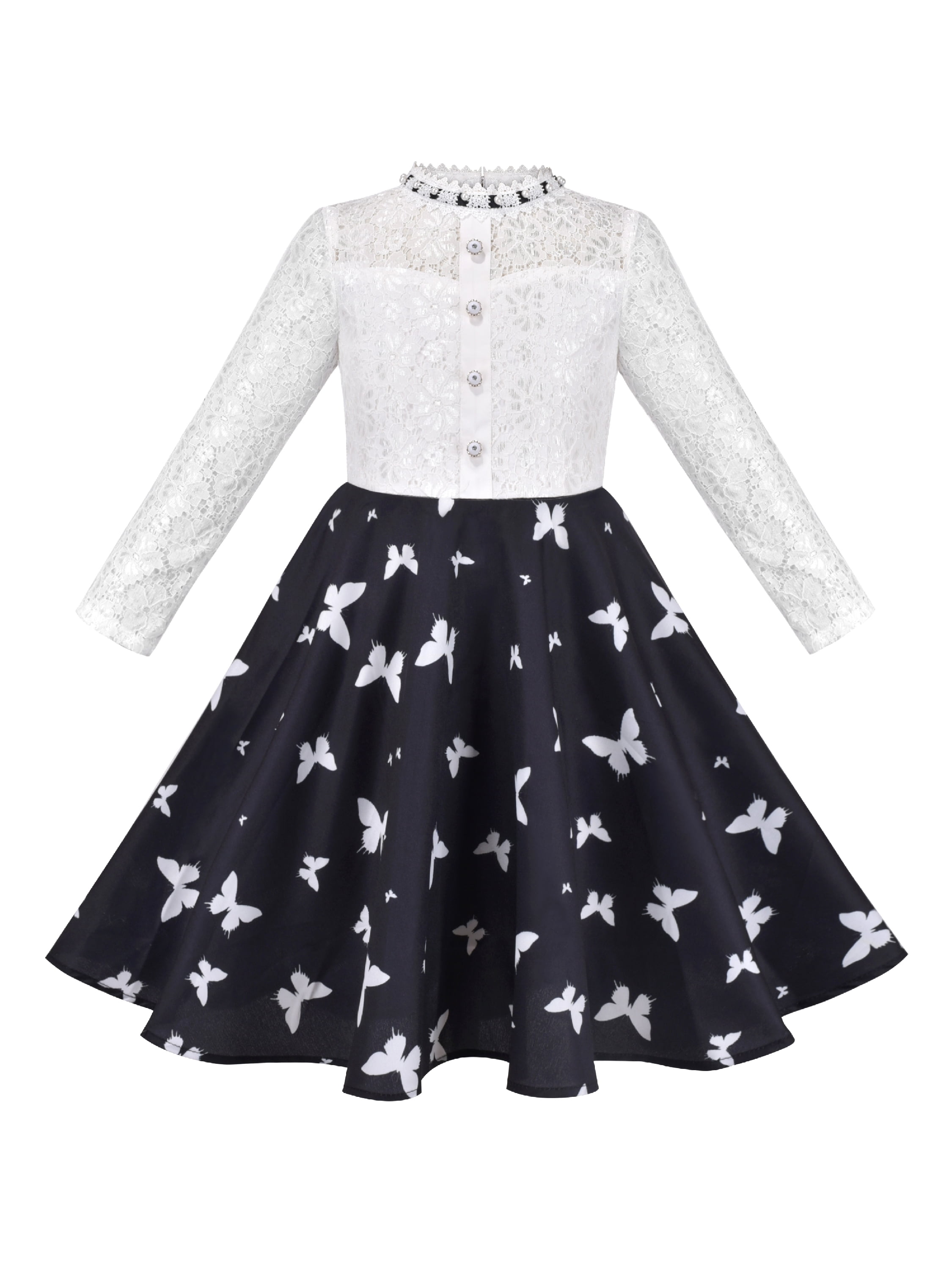 Girls Dress Black Lace Pearl Butterfly Elegant Princess Long Sleeve 10 Years