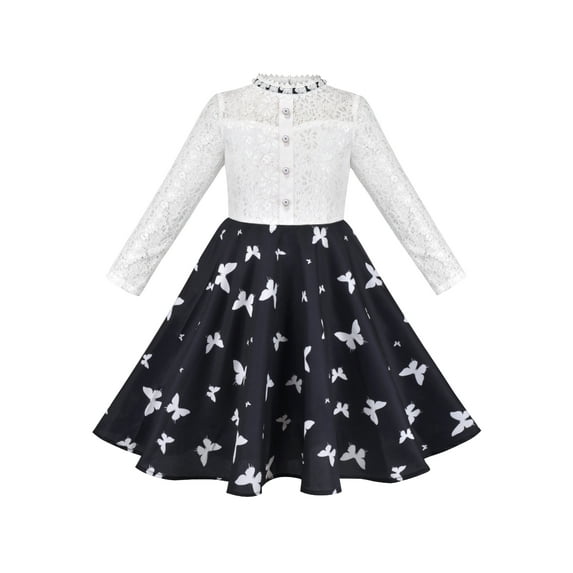 Girls Dress Black Lace Pearl Butterfly Elegant Princess Long Sleeve 8 Years