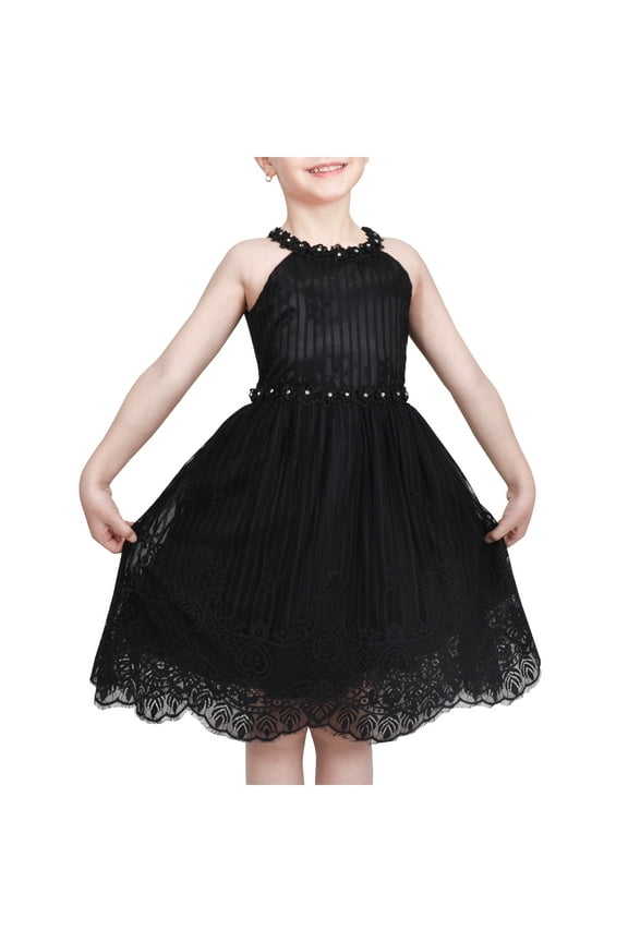 Girls Dress Black Lace Rhinestone Halter Neck Formal Party Ball Gown 5 Years