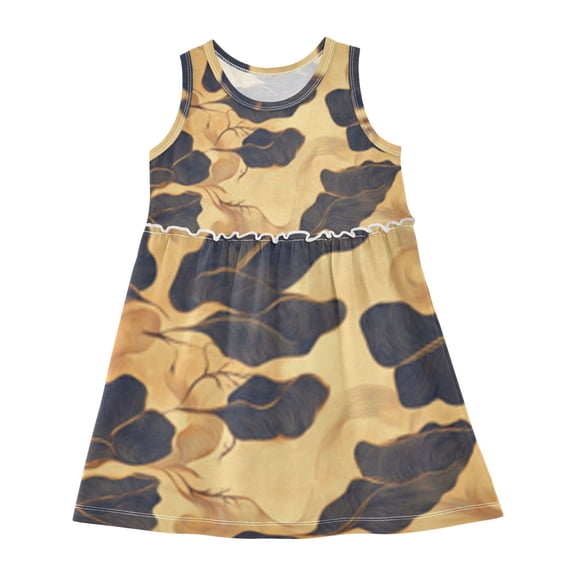 Girls Dress Black Leaves and Yellow Clouds Sleeveless Dress for Girls Hem A-Line Casual Sundress
