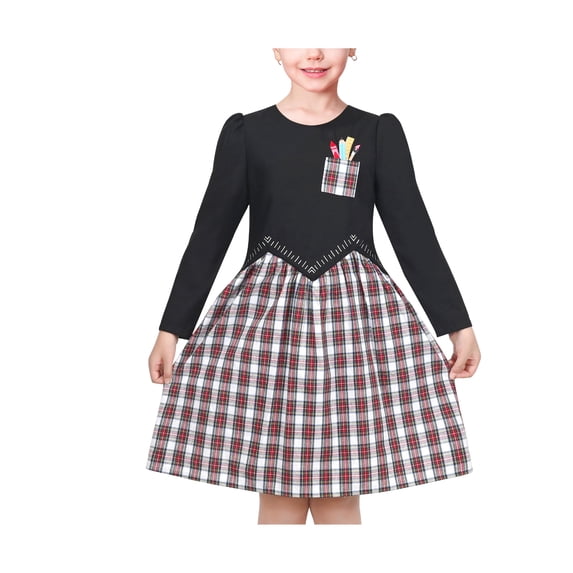 Girls Dress Black Pencil Ruler Red Check Plaid School Casual Long Sleeve 6 Years