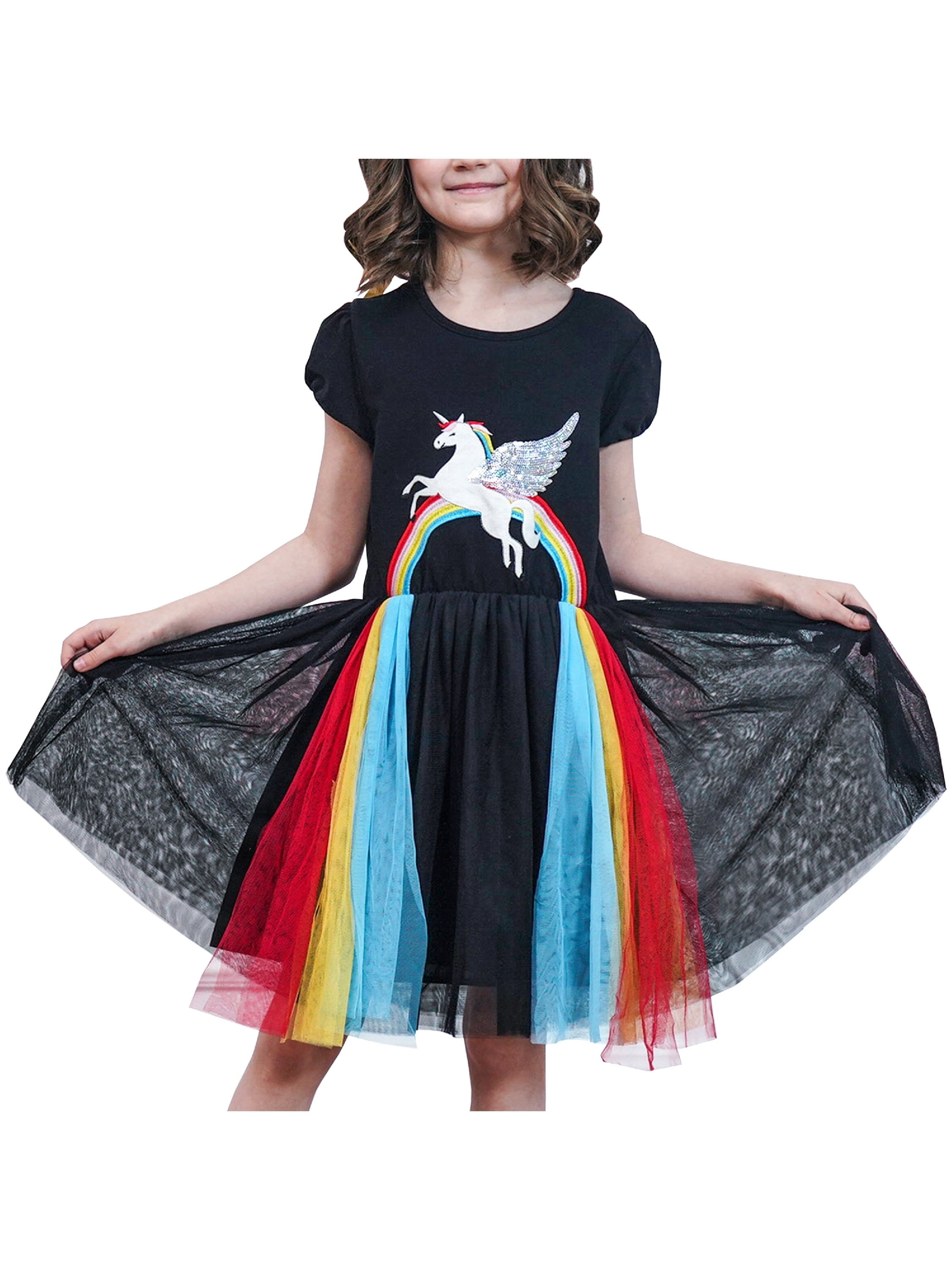 Girls Dress Black Rainbow Embroidery Unicorn Cotton Tulle Tutu Birthday 5 Years
