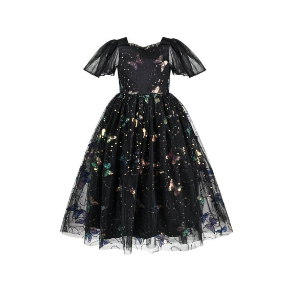 Girls Dress Black Sequin Flutter Butterfly Ruffle Collar Maxi Bow Tie 6 Years