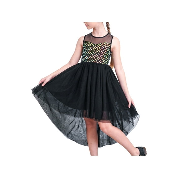 Girls Dress Black Sequin Mesh Hollow Diamond Back Pageant Party Gown 12 Years