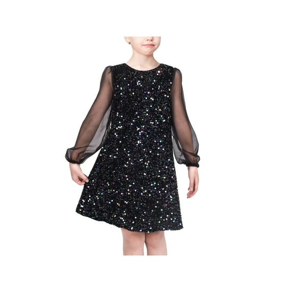 Girls Dress Black Sequin Sheer Mesh Long Sleeve Party Elegant Ball Gown 10 Years