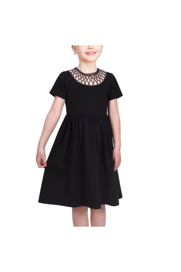 Girls Dress Black Shirt Fishnet Beaded Collar Short Formal Elegant 10 Years