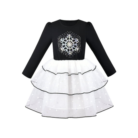 Girls Dress Black Snowflake Polka Dot Xmas Long Sleeve Tulle Skirt 7 Years