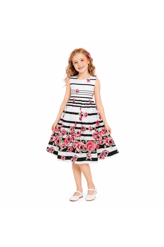 Girls Dress Black Striped Pink Flower Sundress 4-5