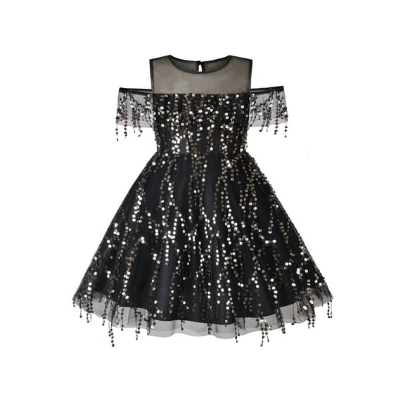 Girls Dress Black Tassel Sparkle Sequin Off Shoulder Party Sleeveless 10 Years
