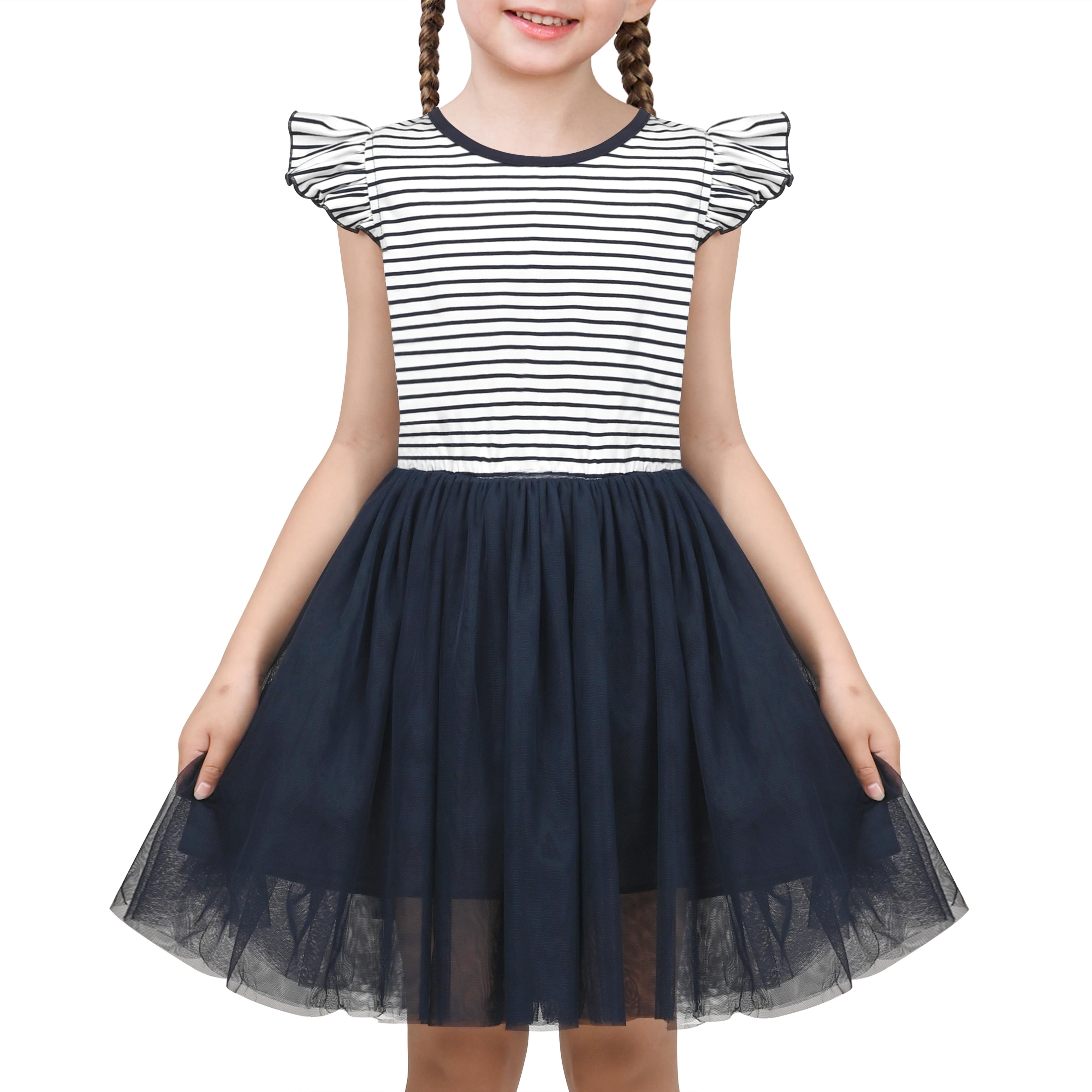 Girls Dress Black White Zebra Striped Ruffle Tulle Sundress Casual Cotton 6  Years - Walmart.com