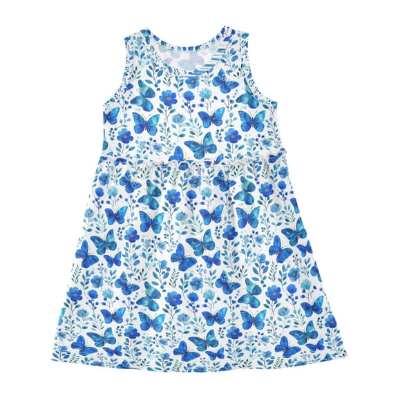 Girls Dress Blue Beautiful Butterfly Sleeveless Dress for Girls Hem A-Line Casual Sundress