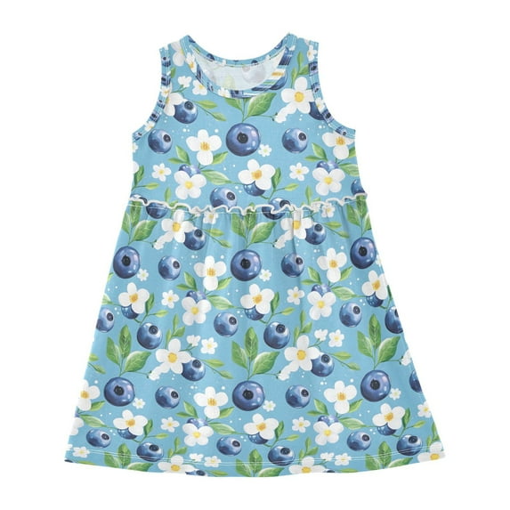 Girls Dress Blue Berry White Flower Sleeveless Dress for Girls Hem A-Line Casual Sundress