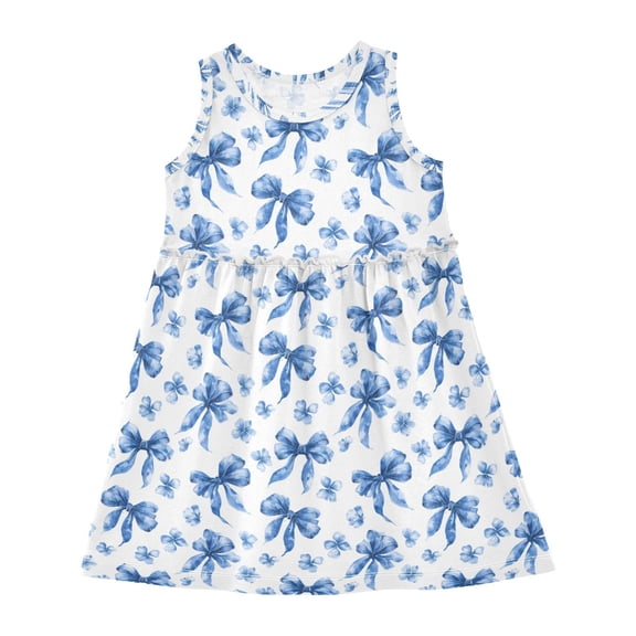 Girls Dress Blue Bows and Floral Sleeveless Dress for Girls Hem A-Line Casual Sundress