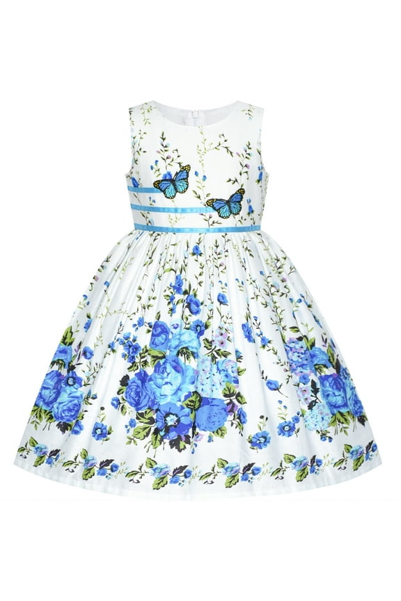 Girls Dress Blue Butterfly Casual Floral Party 4-5 Years