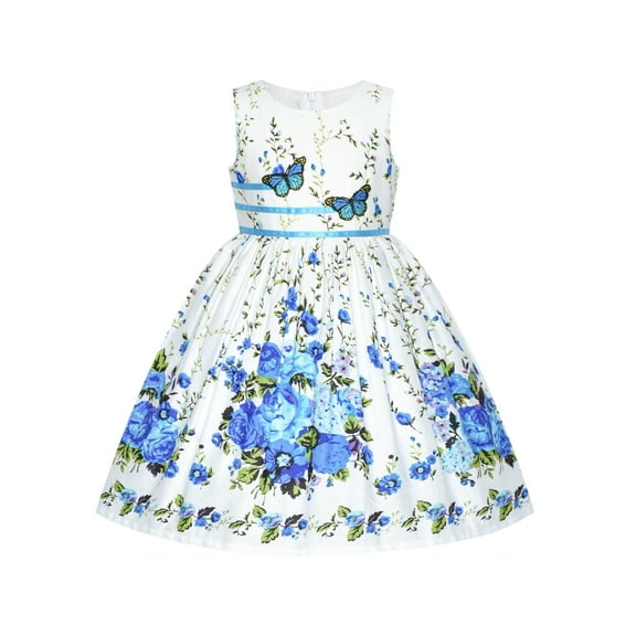 Girls Dress Blue Butterfly Casual Floral Party 6 Years
