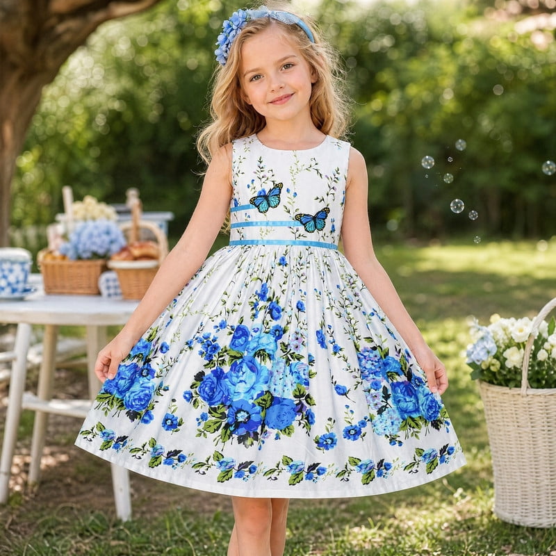 Sunny Fashion Girls' Blue Butterfly Floral Cotton Dress for Ages 9-10 -  Walmart.com
