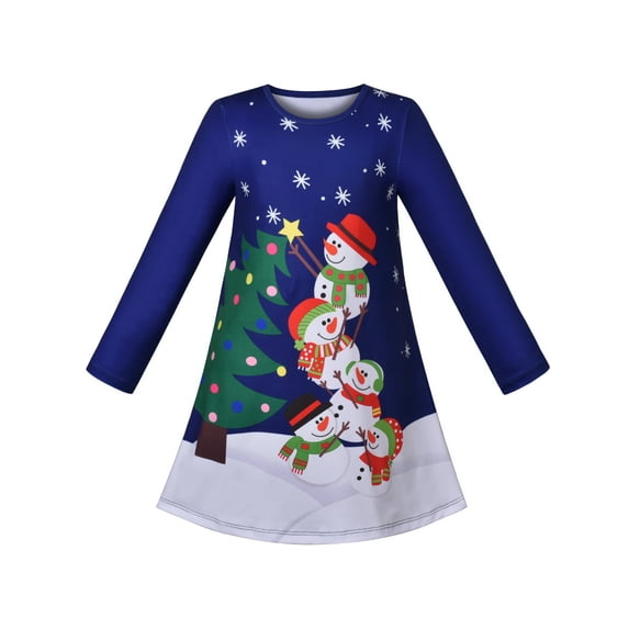 Girls Dress Blue Christmas Tree Snowman Printed Casual Party 7 Years