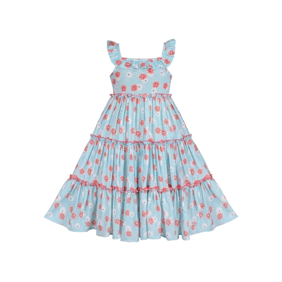 Girls Dress Blue Cotton Flower Square Collar A Line Ruffle Flare Short Sleeve 3 Years