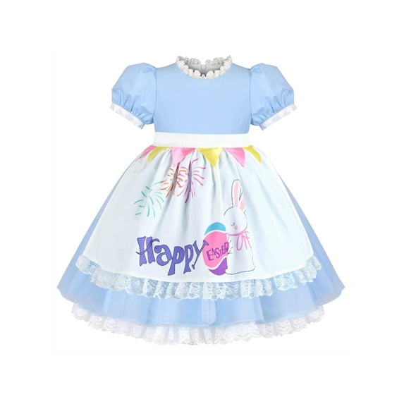 Girls Dress Blue Easter Egg Hunting Maid Lace Apron Alice Vintage Spring 4 Years