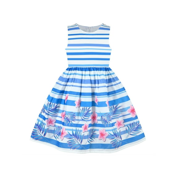 Girls Dress Blue Floral Striped Summer Sundress Sleeveless Casual 9-10 Years