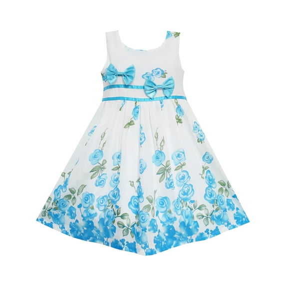 Girls Dress Blue Flower Double Bow Tie Party Birthday Summer Camp 9-10 Years