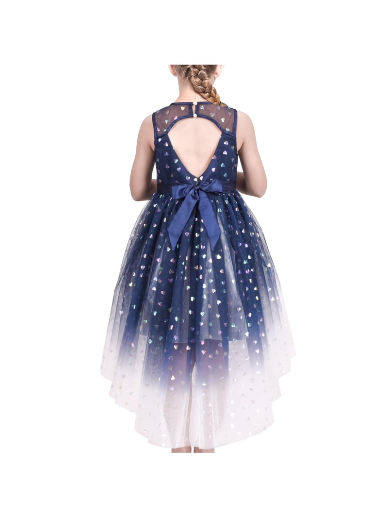 Girls Dress Blue Heart Sequin Hi-low Gradient Hollow Back Bow Party 6 Years 