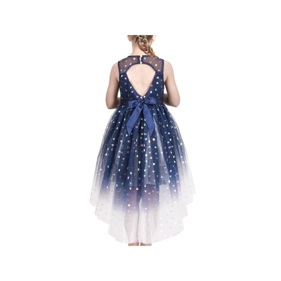 Girls Dress Blue Heart Sequin Hi-low Gradient Hollow Back Bow Party 7 Years