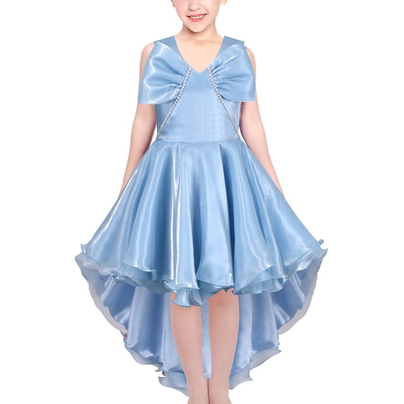 Sunny Fashion Girls Dress Blue Hi-lo Pearl Organza Bow Tie Party Pageant Wedding 12 Years