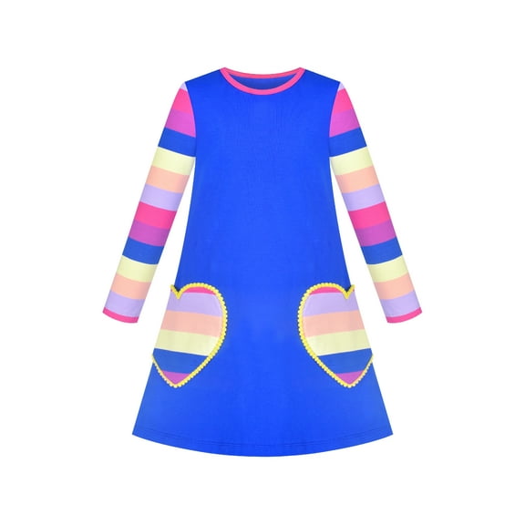 Girls Dress Blue Long Sleeve Heart Pocket Striped Casual Cotton 4 Years