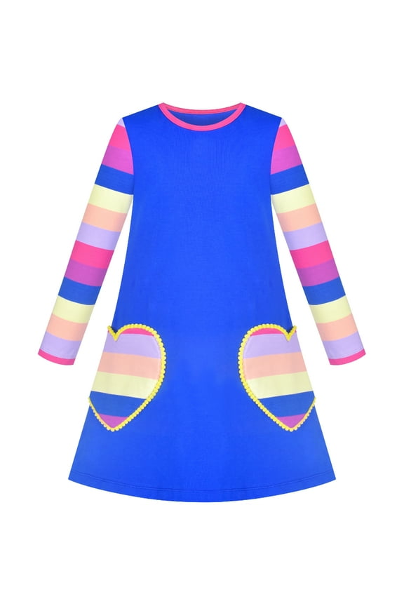 Girls Dress Blue Long Sleeve Heart Pocket Striped Casual Cotton 4 Years