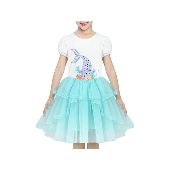 Girls Dress Blue Mermaid Princess Embroidery Sequin Tulle Short Sleeve 6 Years