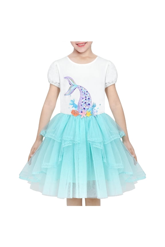 Girls Dress Blue Mermaid Princess Embroidery Sequin Tulle Short Sleeve 8 Years