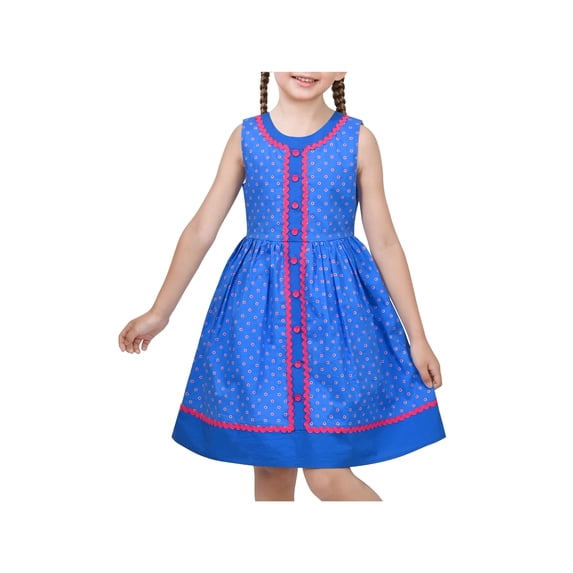 Girls Dress Blue Polka Dot Zigzag Vintage Retro Button Sleeveless Summer 10 Years