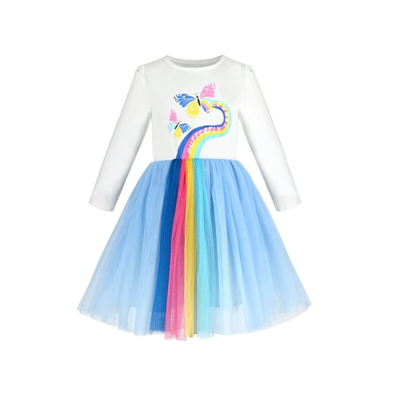 Girls Dress Blue Rainbow Butterfly Pleated Tulle Casual Long Sleeve 7 Years